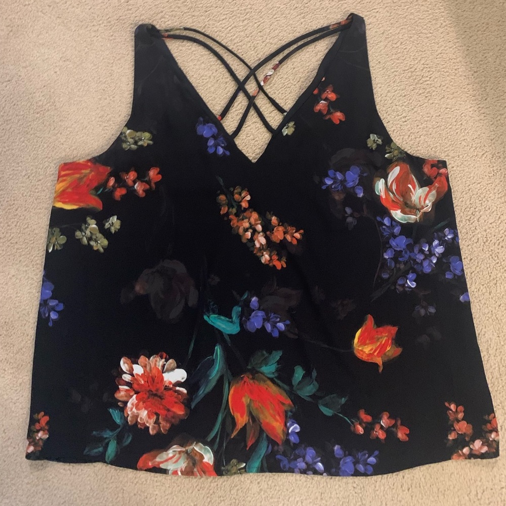 Express Black Foral Chiffon Tank, Size XL